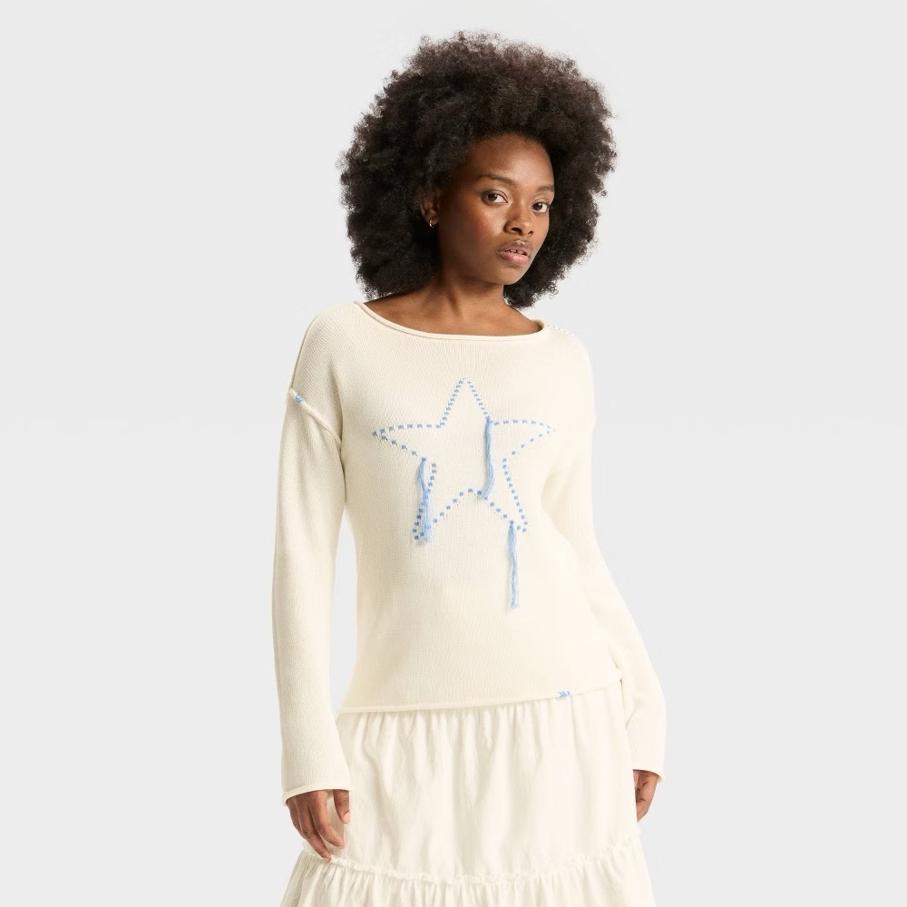 Wild Fable Women's Wide Crewneck Americana Pullover Sweater Offwhite Blue Star